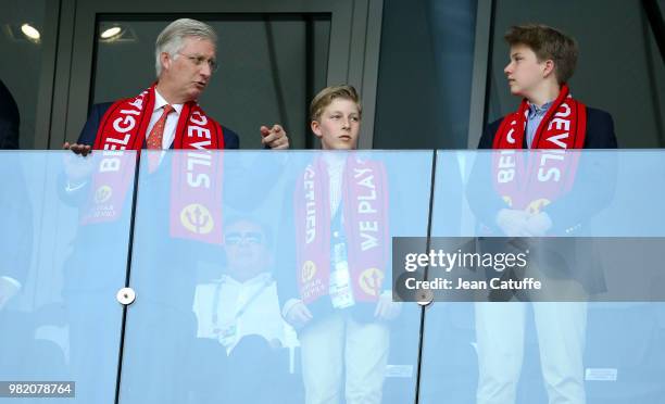 King Philippe of Belgium and his sons Prince Emmanuel of Belgium and Prince Gabriel of Belgium attend the 2018 FIFA World Cup Russia group G match...