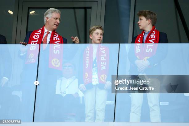 King Philippe of Belgium and his sons Prince Emmanuel of Belgium and Prince Gabriel of Belgium attend the 2018 FIFA World Cup Russia group G match...