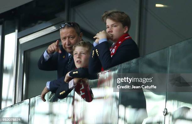 Prince Emmanuel of Belgium and Prince Gabriel of Belgium attend the 2018 FIFA World Cup Russia group G match between Belgium and Tunisia at Spartak...