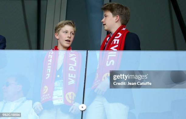 Prince Emmanuel of Belgium and Prince Gabriel of Belgium attend the 2018 FIFA World Cup Russia group G match between Belgium and Tunisia at Spartak...