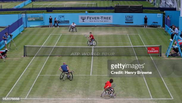 General view of men's wheelchair doubles match between Daniel Caverzaschi of Spain and Stefan Olsson of Sweden and Alfie Hewett and Gordon Reid of...