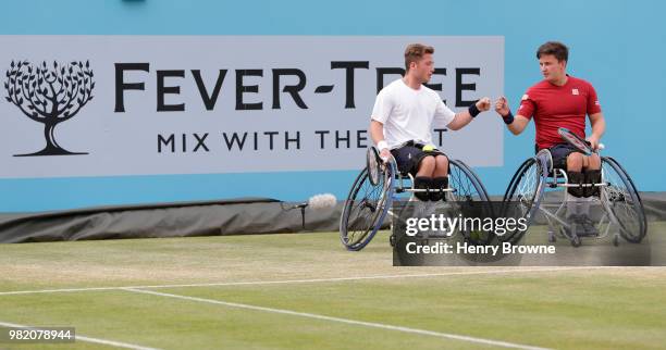 Alfie Hewett and Gordon Reid of Great Britain during a men's wheelchair doubles match against Daniel Caverzaschi of Spain and Stefan Olsson of Sweden...