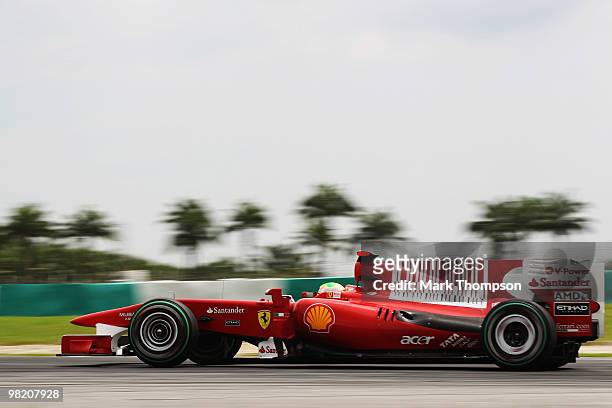 Felipe Massa of Brazil and Ferrari drives during practice for the Malaysian Formula One Grand Prix at the Sepang Circuit on April 2, 2010 in Kuala...