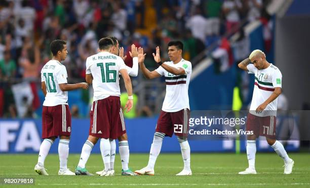 Giovani Dos Santos; Hector Herrera; Jesus Gallardo and Jesus Corona of Mexico celebrate after the 2018 FIFA World Cup Russia group F match between...