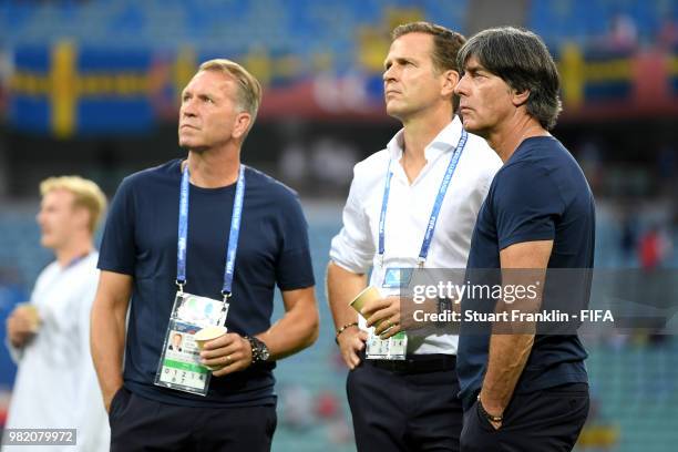 Andreas Koepke, Germany goal keeping coach, team manager Oliver Bierhoff and Joachim Loew, Manager look on prior to the 2018 FIFA World Cup Russia...