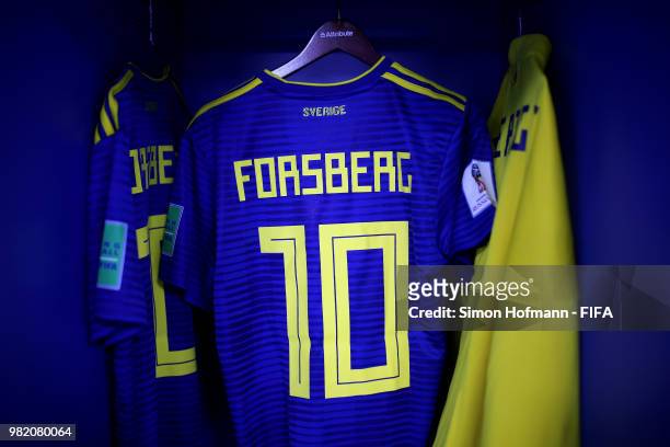 Emil Forsberg of Sweden shirt hangs inside the dressing room prior to the 2018 FIFA World Cup Russia group F match between Germany and Sweden at...