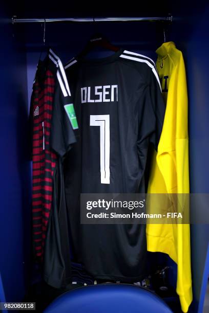 Robin Olsen of Sweden shirt hangs inside the dressing room prior to the 2018 FIFA World Cup Russia group F match between Germany and Sweden at Fisht...