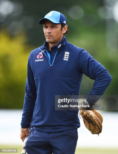 Mark Ramprakash looks on while he coaches during the Tri-Series International match between England Lions and West Indies A at The 3aaa County Ground...