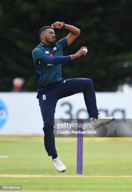 Chris Jordan of England runs into bowl during the Tri-Series International match between England Lions and West Indies A at The 3aaa County Ground on...