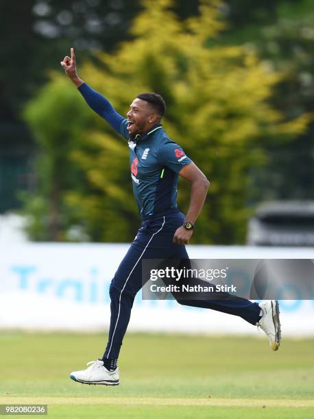 Chris Jordan of England celebrates getting the first wicket during the Tri-Series International match between England Lions and West Indies A at The...