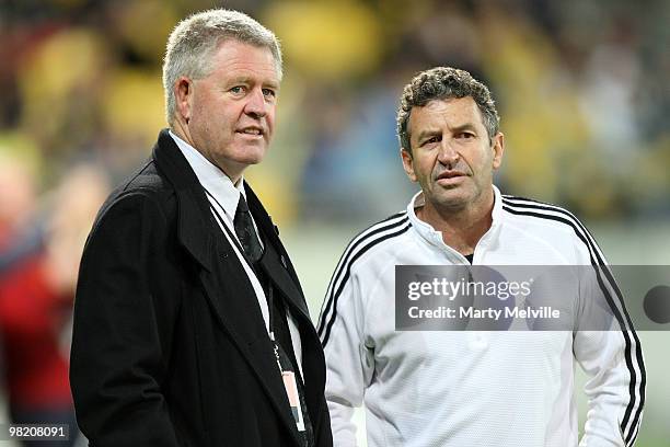 Steve Tew CEO of the NZ Rugby Union with Wayne Smith assistant All Black coach watch on as the Hurricanes warm-up before the round eight Super 14...