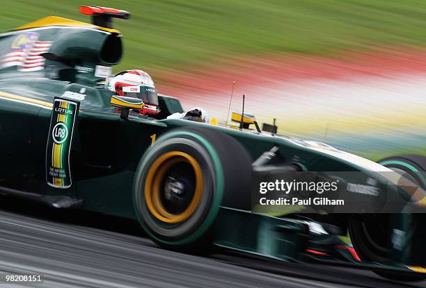 Jarno Trulli of Italy and Lotus drives during practice for the Malaysian Formula One Grand Prix at the Sepang Circuit on April 2, 2010 in Kuala...