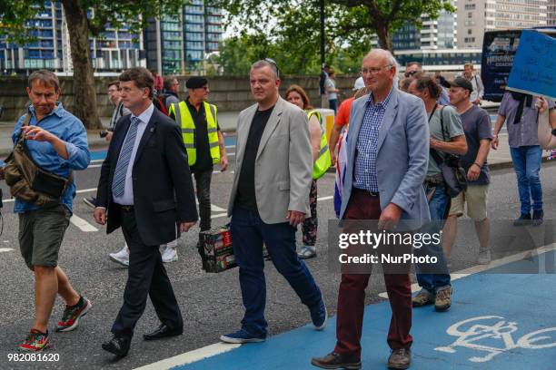 Leader Gerard Batten takes part at the Patriots March Pro-Brexit through London, UK, on 23 June 2018 on the second anniversary of Brexit to celebrate...