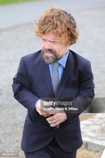 Peter Dinklage arriving at Rayne Church in Kirkton on Rayne for the wedding of Kit Harrington and Rose Leslie on June 23, 2018 in Aberdeen, Scotland.