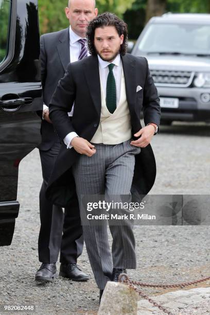 Kit Harrington arriving at Rayne Church in Kirkton on Rayne for the wedding of Kit Harrington and Rose Leslie on June 23, 2018 in Aberdeen, Scotland.