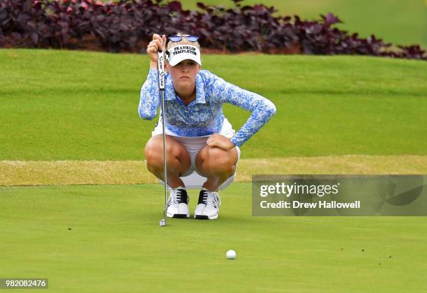 Jessica Korda lines up a putt on the 15th hole during the second round of the Walmart NW Arkansas Championship Presented by P&G at Pinnacle Country...