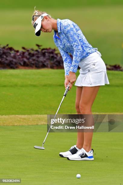 Jessica Korda putts on the 15th hole during the second round of the Walmart NW Arkansas Championship Presented by P&G at Pinnacle Country Club on...