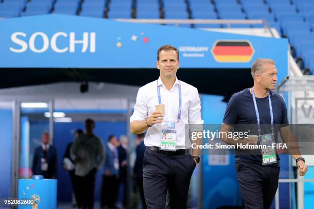 Germany team manager Oliver Bierhoff and Andreas Koepke, Germany goal keeping coach look on prior to the 2018 FIFA World Cup Russia group F match...