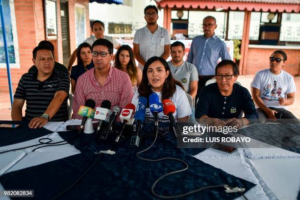 Relatives of slain Ecuadorean El Comercio journalist Javier Ortega, photographer Paul Rivas and driver Efrain Segarra give a press conference after...