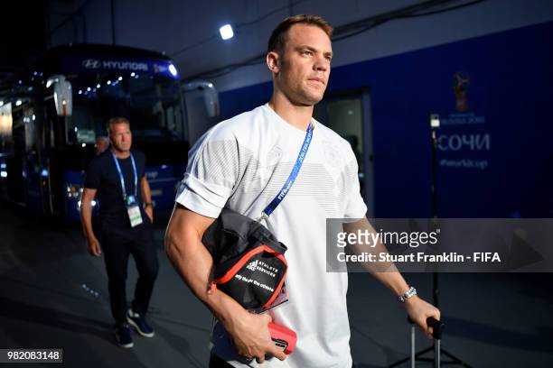 Manuel Neuer arrives at the stadium prior to the 2018 FIFA World Cup Russia group F match between Germany and Sweden at Fisht Stadium on June 23,...