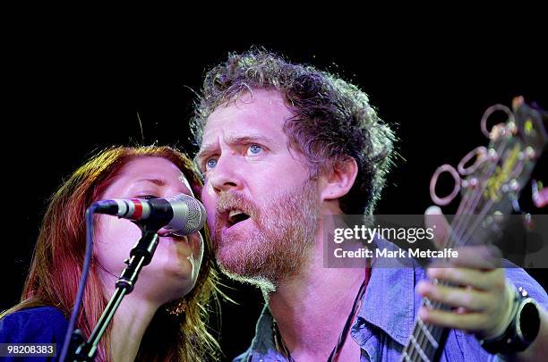 Marketa Irglova and Glen Hansard of The Swell Season performs on stage during Day 2 of Bluesfest 2010 at Tyagarah Tea Tree Farm on April 2, 2010 in...