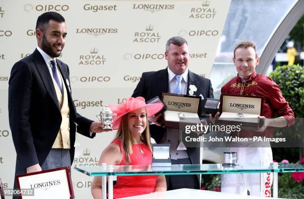 Owner Sheikh Fahad , Hannah Cockroft , trainer George Elliot and Jockey Jamie Spencer celebrate after Pallasator wins the Queen Alexandra Stakes...