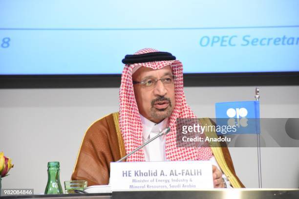 Saudi Arabian Energy Minister Khalid Al Falih, attends a news conference after a meeting of the 4th Organisation of Petroleum Exporting Countries and...