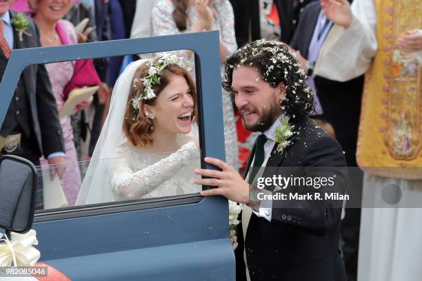 Kit Harrington and Rose Leslie departing Rayne Church in Kirkton on Rayne after their wedding on June 23, 2018 in Aberdeen, Scotland.