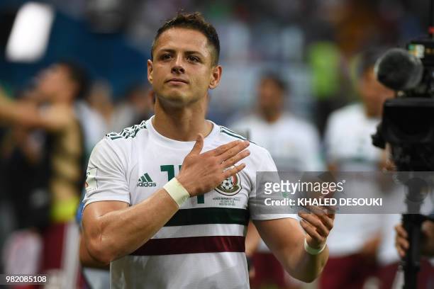 Mexico's forward Javier Hernandez applauds the crowd after the final whistle during the Russia 2018 World Cup Group F football match between South...