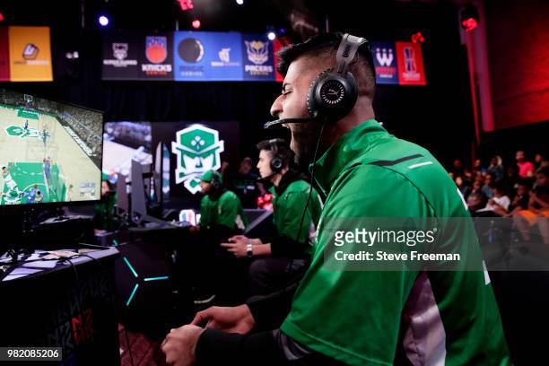 Mel East of Celtics Crossover Gaming reacts against Grizz Gaming on June 23, 2018 at the NBA 2K League Studio Powered by Intel in Long Island City,...