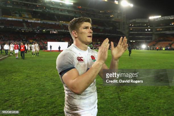 Owen Farrell, the England captain, celebrates after their victory during the third test match between South Africa and England at Newlands Stadium on...