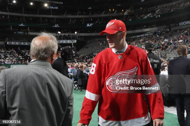 Ryan O'Reilly reacts after being selected 98th overall by the Detroit Red Wings during the 2018 NHL Draft at American Airlines Center on June 23,...