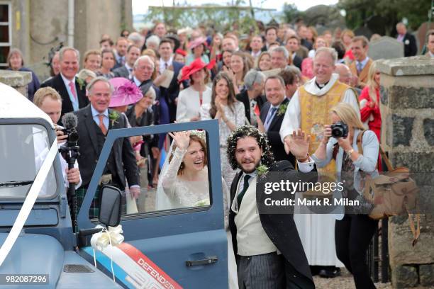 Kit Harrington and Rose Leslie departing Rayne Church in Kirkton on Rayne after their wedding on June 23, 2018 in Aberdeen, Scotland.