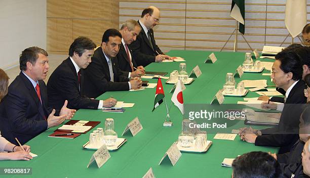 King Abdullah II of Jordan talks with Prime Minister Yukio Hatoyama of Japan during their meeting on April 2, 2010 in Tokyo, Japan. Talks between the...