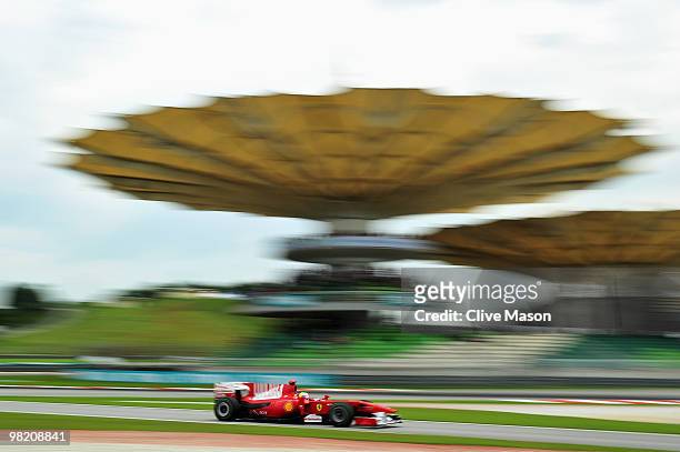 Felipe Massa of Brazil and Ferrari drives during practice for the Malaysian Formula One Grand Prix at the Sepang Circuit on April 2, 2010 in Kuala...