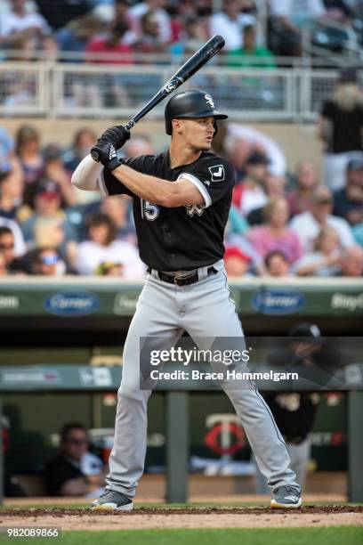 Adam Engel of the Chicago White Sox bats against the Minnesota Twins on June 6, 2018 at Target Field in Minneapolis, Minnesota. The White Sox...