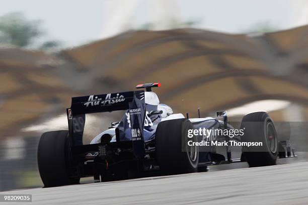 Rubens Barrichello of Brazil and Williams drives during practice for the Malaysian Formula One Grand Prix at the Sepang Circuit on April 2, 2010 in...