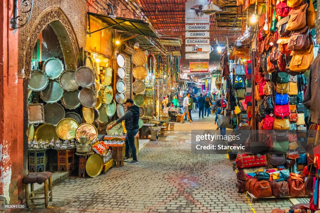 Busy street in the souks of Marrakech, Morocco