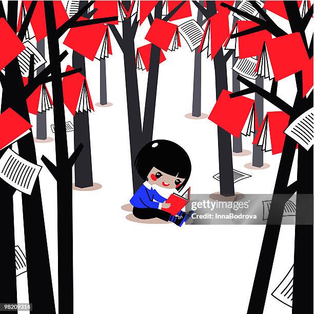 child in the woods of books. - reading book stock illustrations