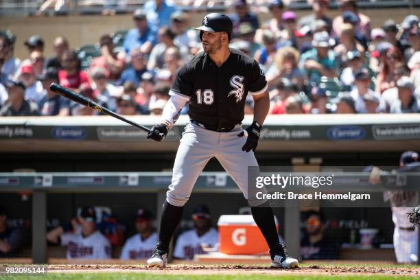 Daniel Palka of the Chicago White Sox bats against the Minnesota Twins on June 7, 2018 at Target Field in Minneapolis, Minnesota. The Twins defeated...