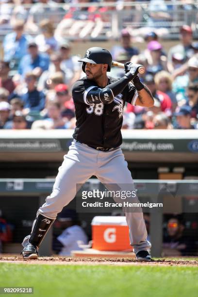 Omar Narvaez of the Chicago White Sox bats against the Minnesota Twins on June 7, 2018 at Target Field in Minneapolis, Minnesota. The Twins defeated...