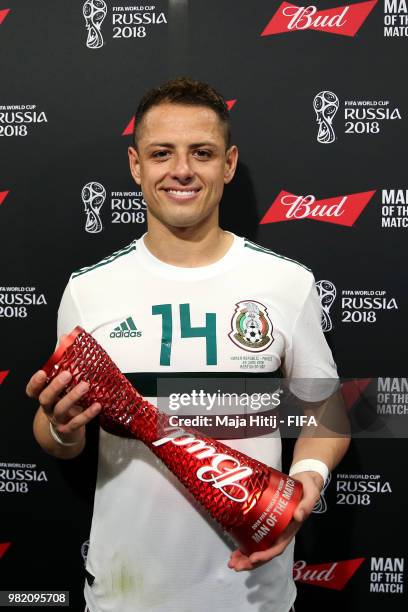 Javier Hernandez of Mexico poses with his Man of the Match trophy following the 2018 FIFA World Cup Russia group F match between Korea Republic and...