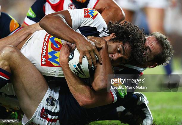 Sam Thaiday of the Broncos is held up over the try line during the round four NRL match between the Sydney Roosters and the Brisbane Broncos at...