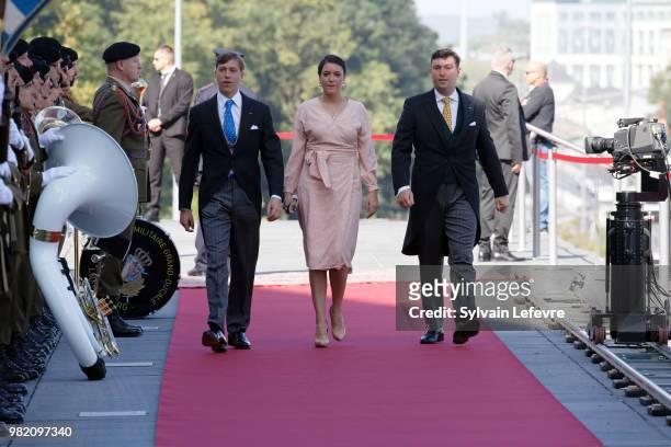 Prince Louis of Luxembourg, Princess Alexandra of Luxembourg and Prince Sebastien of Luxembourg arrive at Luxembourg Philarmonie hall for official...