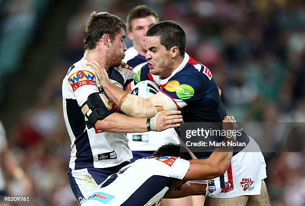 Aidan Guerra of the Roosters is tackled during the round four NRL match between the Sydney Roosters and the Brisbane Broncos at Sydney Football...