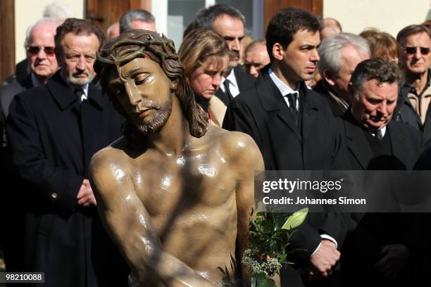 Members of the town's crafts guilds participate in a Good Friday procession on April 2, 2010 in Lohr am Main, Germany. Several thousands of faithful...