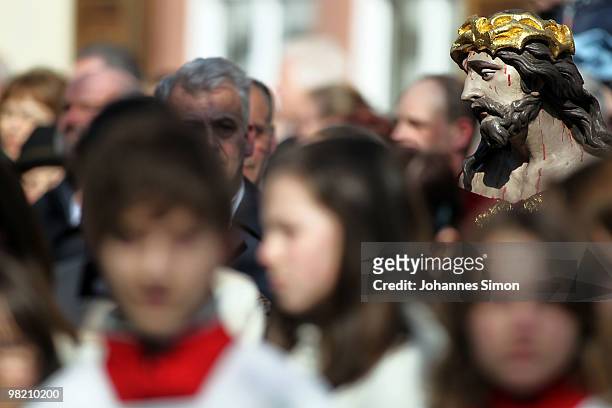 Catholic believers flock the road during a Good Friday procession on April 2, 2010 in Lohr am Main, Germany. Several thousands of faithful took part...