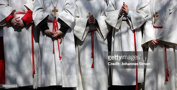 Ministrants participate in a Good Friday procession on April 2, 2010 in Lohr am Main, Germany. Several thousands of faithful took part in this...