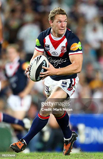 James Aubusson of the Roosters runs the ball during the round four NRL match between the Sydney Roosters and the Brisbane Broncos at Sydney Football...