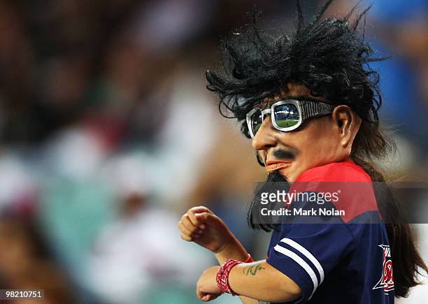 Roosters fan celebrates a try during the round four NRL match between the Sydney Roosters and the Brisbane Broncos at Sydney Football Stadium on...